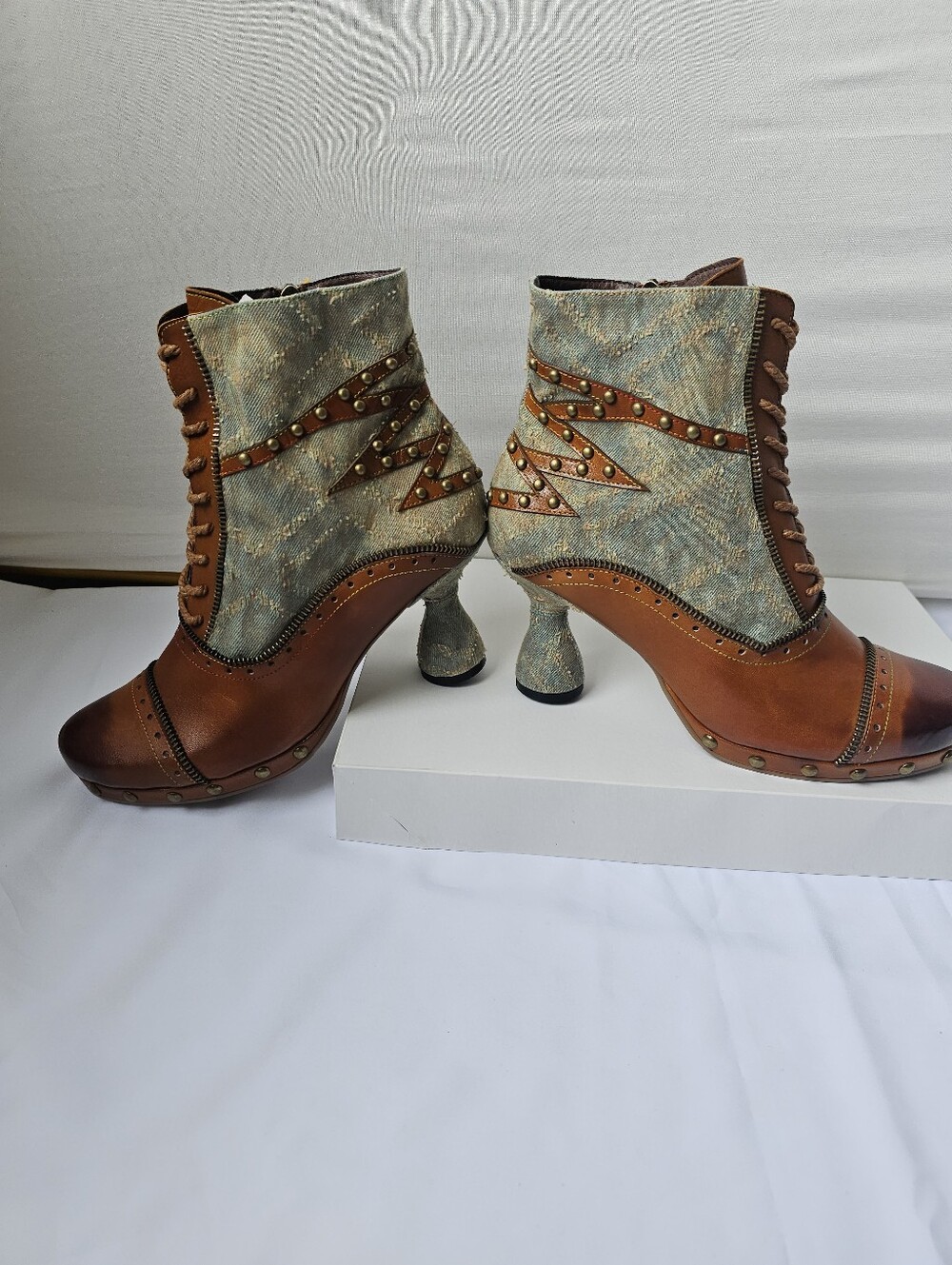 Steampunk Leather and Denim Ankle Boots with Zipper and Stud Details - Size 40